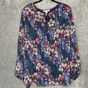 Emaline 2X Top Shirt Blue Flower Floral Long Sleeve Keyhole Round Neck Metallic